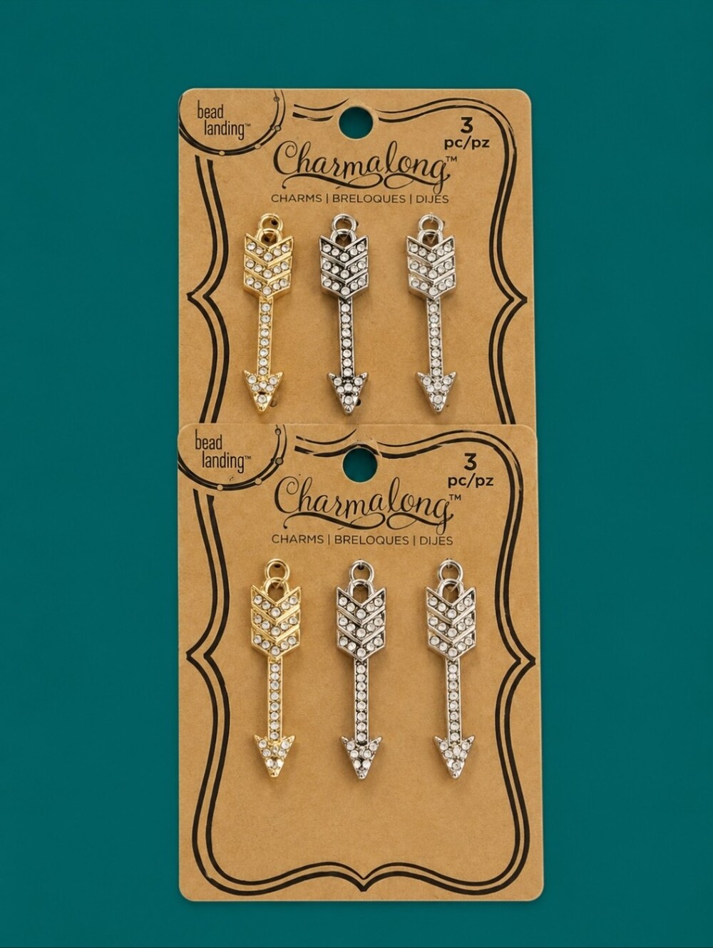 5/$25 CHARMALONG Set of Two Cards Rhinestone Metal Arrow Charm Pendants